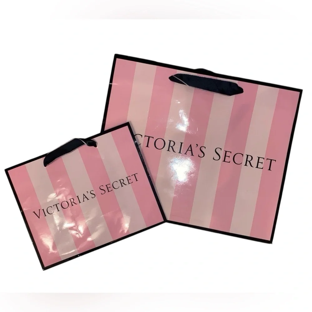 VICTORIA’S SECRET Large & Small Glossy Paper Shopping Gift Bags Pink Stripe 2 PK